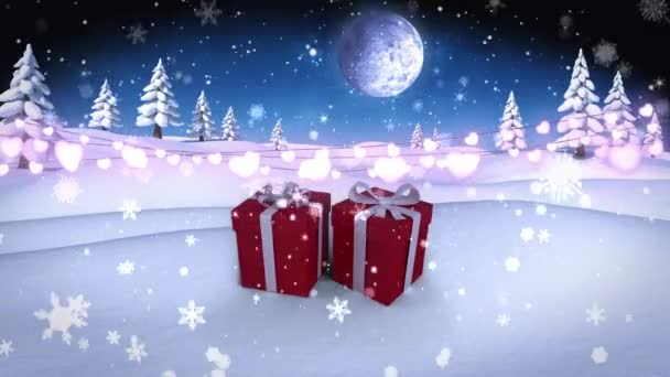 Animacja Płatków Śniegu Spadające Światła Bajki Pudełka Świąteczne Prezent Krajobraz — Wideo stockowe
