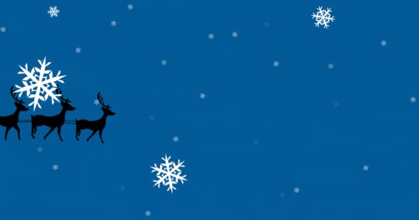 Анимация Снежинок Падающих Над Силуэтом Санта Клауса Санях Тянущихся Северными — стоковое видео