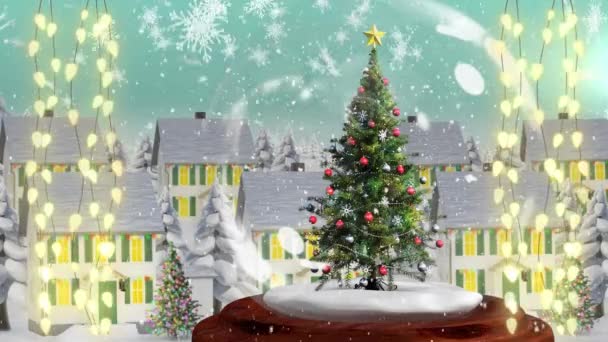 雪の世界と冬の風景の中に妖精の光とクリスマスツリーに落ちる雪のアニメーション クリスマスのお祭りとお祝いのコンセプト — ストック動画