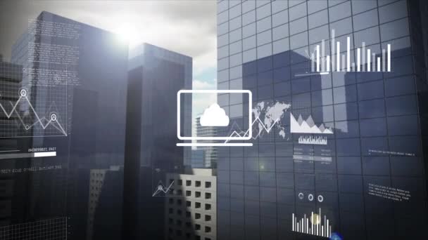 Animación Iconos Digitales Procesamiento Datos Contra Edificios Altos Red Global — Vídeo de stock