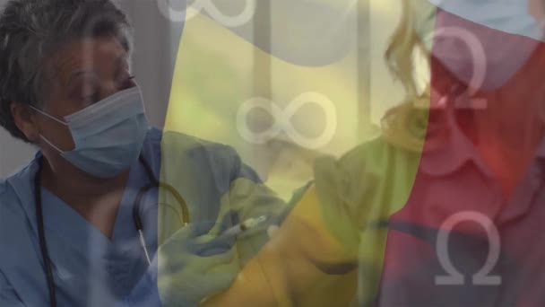 Animación Bandera Belgium Símbolos Sobre Diverso Médico Paciente Medicina Global — Vídeos de Stock