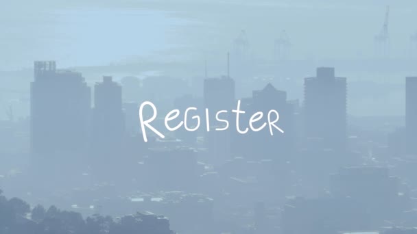 Animasi Teks Register Atas Cityscape Bisnis Global Keuangan Dan Konsep — Stok Video