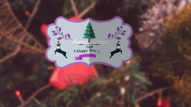 Animáció Boldog Évet Karácsonyi Szöveges Banner Közel Díszített Karácsonyfa Karácsonyi — Stock videók
