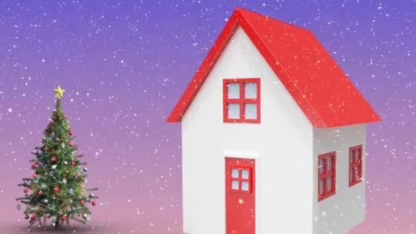 Animacja Śniegu Spadającego Nad Domem Ikona Choinki Fioletowym Tle Gradientowym — Wideo stockowe