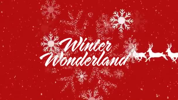 Animation Snow Falling Santa Claus Sleigh Winter Wonderland Text Red — Stock Video