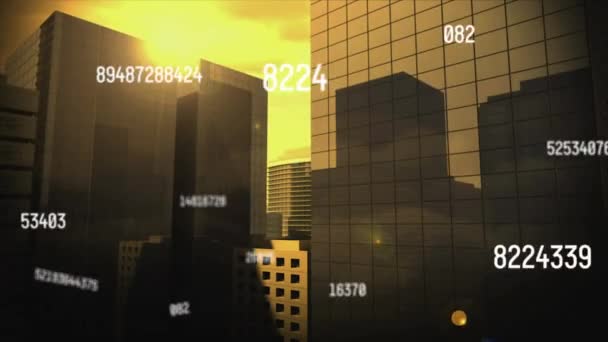 Animacja Wielu Liczb Nad Widokiem Powietrza Budynku Przed Słońcem Zachmurzonym — Wideo stockowe