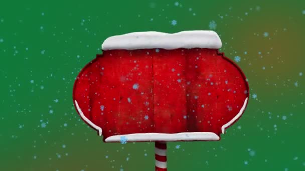 Animación Copos Nieve Azules Cayendo Sobre Letrero Rojo Con Espacio — Vídeos de Stock