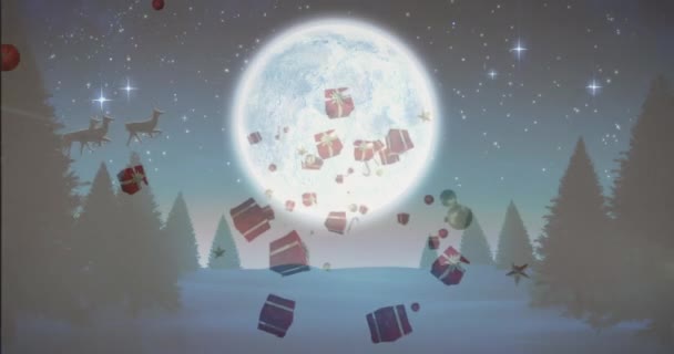 Анимация Санта Клауса Санях Северными Оленями Рождество Подарки Зимних Пейзажах — стоковое видео