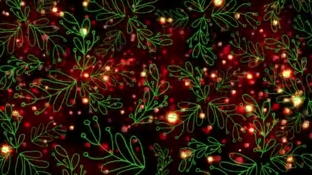 Animation Green Leaves Pattern Design Red Light Sparks Floating Black — Stock Video