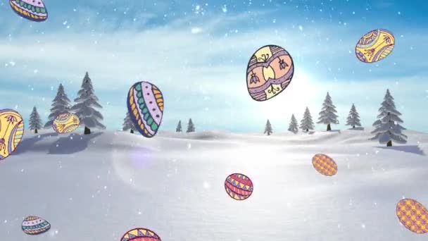 Animação Ícones Ovo Páscoa Decorados Neve Caindo Sobre Árvores Paisagem — Vídeo de Stock