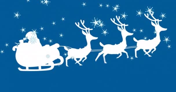 Animation Stars Falling Santa Claus Sleigh Being Pulled Reindeers Blue — Stock Video
