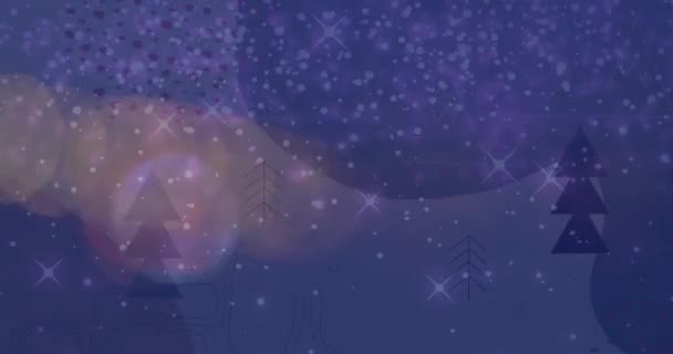Анимация Падающего Снега Светящиеся Огни Над Рождественскими Деревьями Зимних Пейзажах — стоковое видео