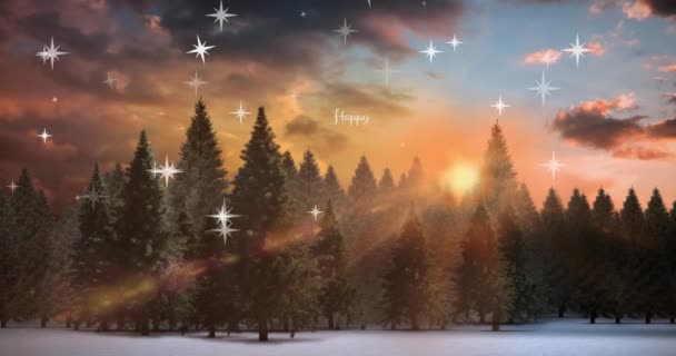 Animacja Szczęśliwych Wakacji Baner Tekstowy Gwiazdki Ikony Nad Zimowym Krajobrazem — Wideo stockowe
