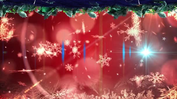 Kırmızı Arka Planda Kar Yağışının Animasyonu Noel Çelengi Noel Kış — Stok video