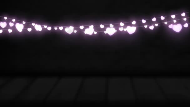 Animacja Fioletowe Serce Kształcie Świecące Światła Bajki Wiszące Przestrzeni Kopii — Wideo stockowe