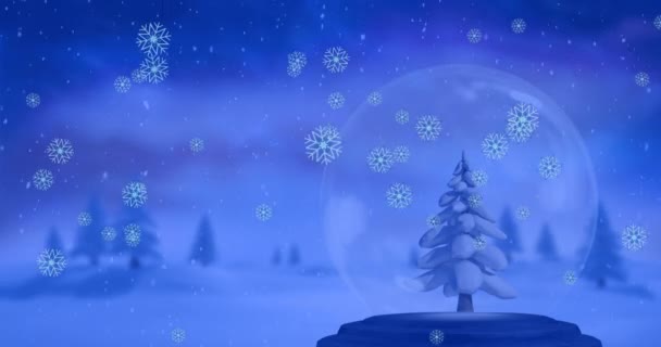 Animatie Van Sneeuwvlokken Vallen Kerstboom Een Sneeuwbol Het Winterlandschap Kerstfeest — Stockvideo