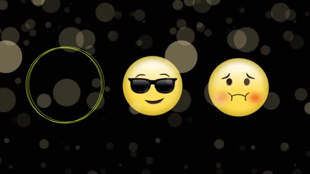 Animação Ícones Emoji Sobre Manchas Fundo Preto Luz Padrão Conceito — Vídeo de Stock