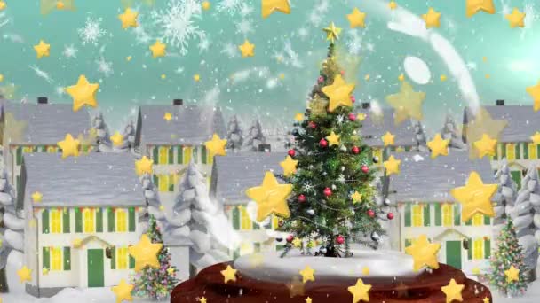 Animación Nieve Cayendo Estrellas Sobre Globo Nieve Con Árbol Navidad — Vídeo de stock