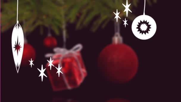 Animazione Felice Festa Testo Banner Appendere Decorazioni Sopra Albero Natale — Video Stock