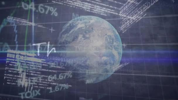 株式市場のデータ処理とグレーの背景に地球上に感謝テキストバナーのアニメーション 世界経済とビジネス技術の概念 — ストック動画