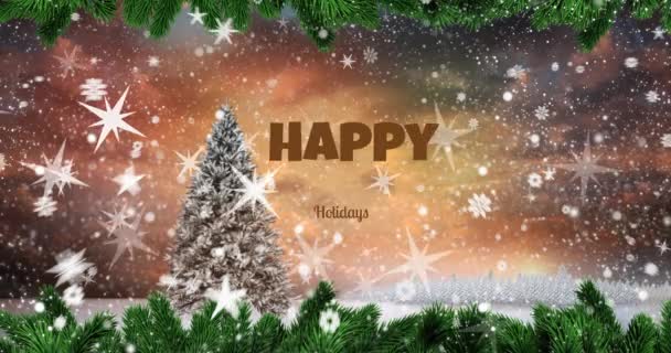 Animação Flocos Neve Sobre Feriados Felizes Banner Texto Árvore Natal — Vídeo de Stock