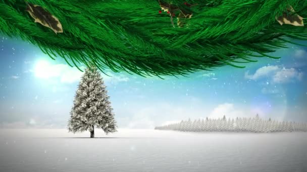 Animacja Zielonych Liści Śniegu Spadającego Nad Choinką Zimowy Krajobraz Święta — Wideo stockowe