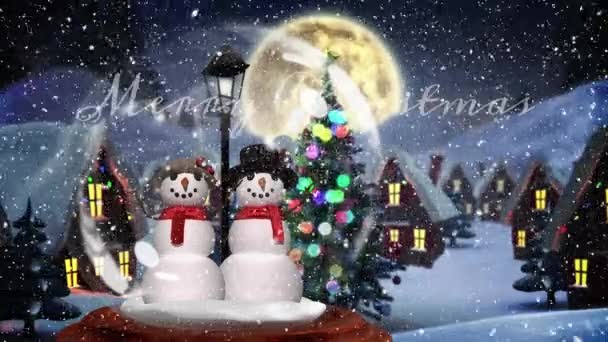 Анимация Рождественского Текста Поздравления Снегопад Над Снежным Шаром Снеговиками Зимних — стоковое видео