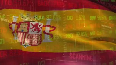 İspanya bayrağı üzerinde borsa ve veri işleme animasyonları. Küresel finansman, iş ve dijital arayüz kavramı dijital olarak oluşturulmuş video.