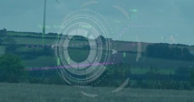 Radar, grafik ve yükleme çubuğu açık gökyüzüne karşı yel değirmeni üzerinde animasyon. Dijital bileşik, çoklu pozlama, rapor, iş, sürdürülebilir enerji, güç üretimi ve teknoloji.