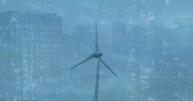 Binalara karşı dönen yel değirmeninin üzerinde grafikle ticaret panosunun animasyonu. Dijital bileşik, çoklu pozlama, rapor, yatırım, şehir, sürdürülebilir enerji, güç üretimi kavramı.