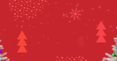 Yılbaşı ağacının üzerine düşen kar ve kırmızı arka plan animasyonu. Noel, gelenek ve kutlama konsepti dijital olarak oluşturuldu.