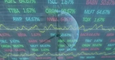 Dünya 'ya karşı dönen yel değirmeniyle ilgili istatistiksel ve borsa veri işleme animasyonları. Küresel ekonomi ve yenilenebilir enerji teknolojisi kavramı