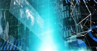 Hud ekran, küre, grafik, veritabanı ve şebeke şablonuna bağlı noktaların animasyonu. Dijital olarak üretilen hologram, rapor, finans, iş dünyası, küreselleşme, iletişim ve teknoloji kavramı.