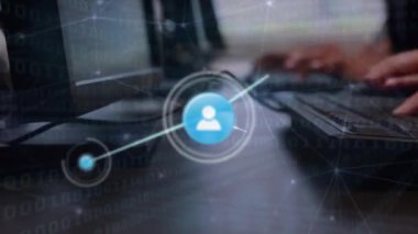 Animation of network of connections with icons and data processing over hands typing on keyboard. Global connections, computing and digital interface concept digitally generated video.