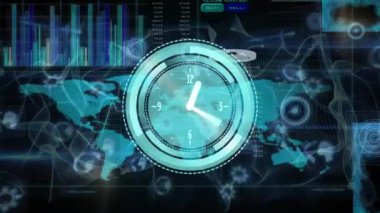 Siyah bir arkaplanda mavi soyut dalgaların dijital animasyonu. Alfa kanalında bir saat var. Küresel bağlantılar, veri işleme ve dijital arayüz kavramları dijital olarak oluşturulmuştur.