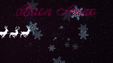 Kızakta Noel Baba 'nın üzerine yağan kar animasyonu ve siyah arka planda Buon Anne metni. Noel, gelenek ve kutlama konsepti dijital olarak oluşturuldu.