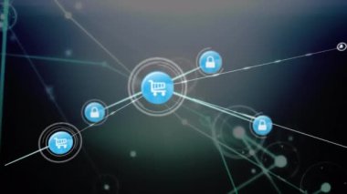 Soyut arkaplanda hareket eden çizgilerle bağlantılı simge ve noktaların animasyonu. Dijital olarak üretilmiş, hologram, illüstrasyon, aydınlanma, iletişim, alışveriş, asma kilit ve teknoloji kavramı.