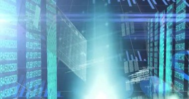 Soyut arka planda parmak izi olan birden fazla sayı ve grafiğin animasyonu. Dijital olarak oluşturulmuş, hologram, rapor, finans, rakamlar, geri sayım, biyometrik, güvenlik ve teknoloji kavramı.