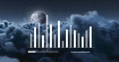 Gökyüzünde bulutlarla işlenen finansal verilerin animasyonu. Dijital olarak oluşturulan küresel finansman, bilgisayar ve dijital arayüz kavramı.