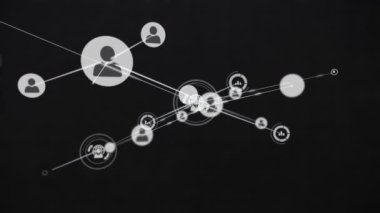 Siyah arkaplana karşı profil ve dijital simge ağının animasyonu. Küresel ağ ve iş teknolojisi kavramı