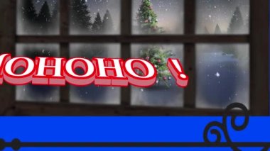 Pencere çerçevesinden düşen kar manzarası üzerine ho ho ho mesaj pankartı animasyonu. Noel şenliği ve kutlama konsepti