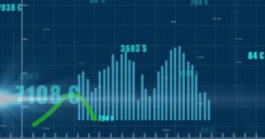Finansal veriler üzerinde ışık animasyonu ve mavi arka plandaki grafikler. Küresel finans, ekonomi ve teknoloji kavramı dijital olarak üretilen video.