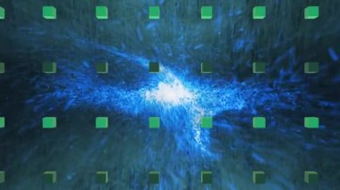 Yeşil arkaplandaki parıltıların üzerindeki küplerin animasyonu. Hareket, soyutlama ve ateş kavramı dijital olarak oluşturulmuş video.
