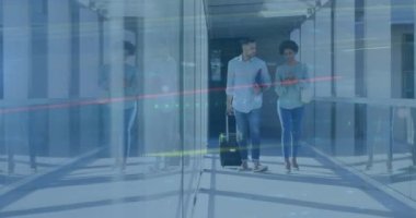 Animasyon tekniği, grafikler, havaalanında yürürken tartışan çok ırklı iş arkadaşları. Dijital bileşik, çoklu pozlama, borsa, yatırım, iş seyahati ve iletişim.