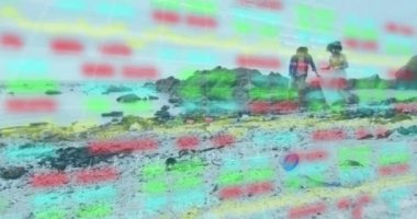 Afro-amerikan çiftlerin plajı temizlemelerinin animasyonu. Dijital bileşik, çoklu pozlama, borsa, yatırım, rapor, sevgili, birliktelik ve geri dönüşüm kavramı.