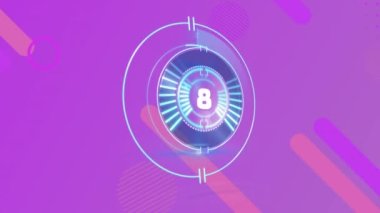 Çoklu geometrik şekillerin ve dairelerin animasyonu mor arka planda kusursuz döngü içinde hipnotik hareketlerle hareket ediyor. Alfa kanalındaki saat. Renk ışığı ve hareket kavramı dijital olarak oluşturuldu.