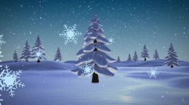 Kış manzarasına yağan karın animasyonu. Noel, gelenek ve kutlama konsepti dijital olarak oluşturuldu.