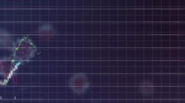 Yüzen virüslü hücrelerin üzerinde sayılar ve ızgara desenli çok renkli grafiklerin animasyonu. Dijital olarak üretilmiş, hologram, rapor, finans, ticaret, corona, covid-19 ve sağlık konsepti.