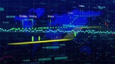 Dünya haritası üzerinde istatistik ve finansal veri işleme animasyonları. Küresel iş, finans ve veri işleme kavramı dijital olarak oluşturulmuş video.