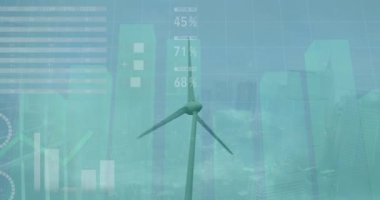 Gökyüzüne karşı dönen yel değirmenine karşı bilgi arayüzü animasyonu. Dijital bileşik, çoklu pozlama, rapor, iş dünyası, küresel, sürdürülebilir enerji, güç üretimi ve teknoloji.